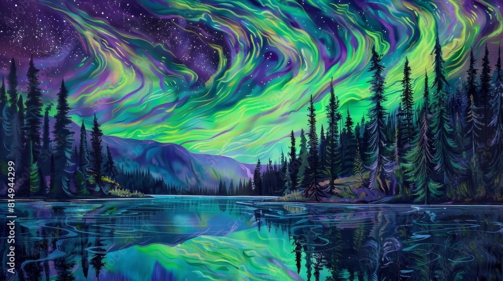 Northern Lights reflected in still waters backdrop
