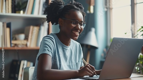 Distance Education Portrait of smiling woman sitting at desk using laptop and writing in notebook taking notes watching tutorial lecture or webinar studying online at home looking at s : Generative AI