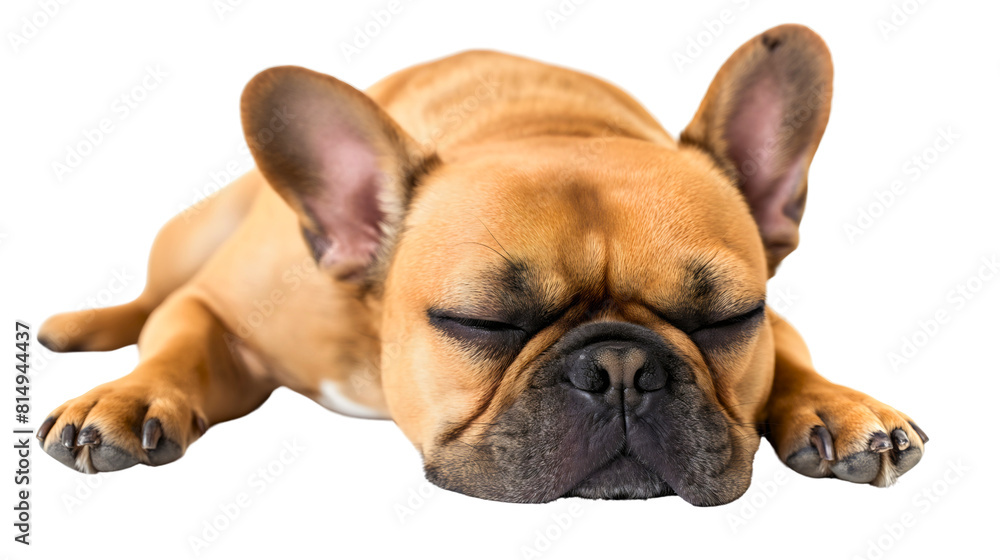 Closeup of French bulldog or Frenchie dog sleeping isolated on transparent background, tired animal pet resting or napping