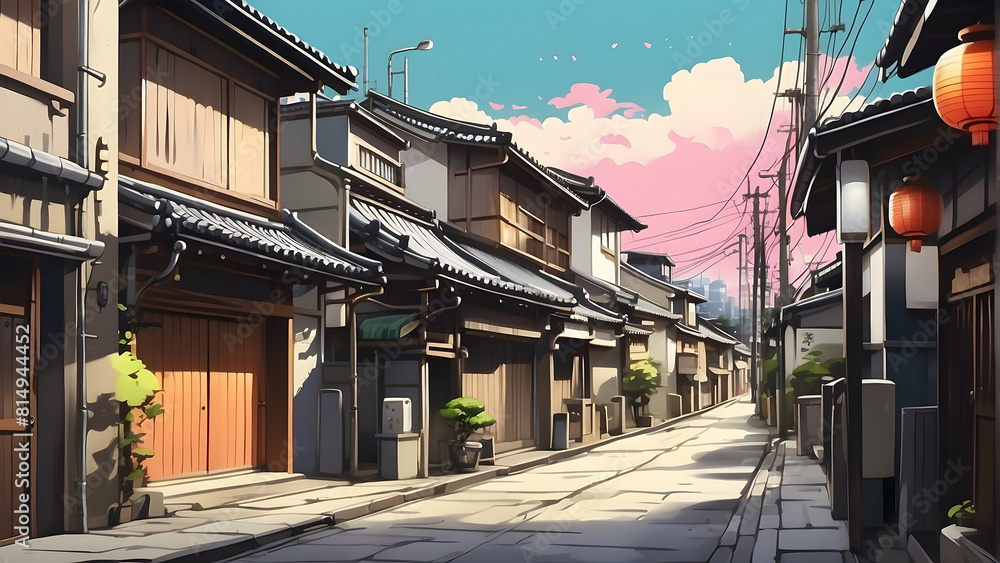 A vibrant anime-style image capturing the charm of a quiet traditional Japanese street during daytime with clear skies A vibrant anime-style image capturing the charm of a quiet traditional Japanese street during daytime with clear skies