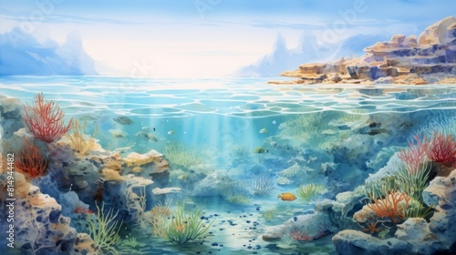 Fototapeta Naklejka Na Ścianę i Meble -  Underwater world. Coral reef and fishes in Red sea at Egypt, watercolor