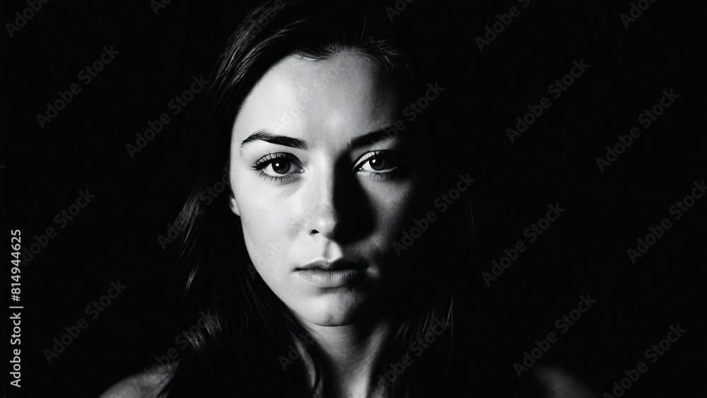 Black and white portrait capturing a young woman's intense and earnest gaze, AI-generated.