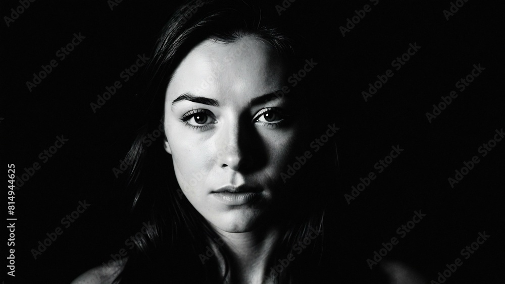 Black and white portrait capturing a young woman's intense and earnest gaze, AI-generated. Black and white portrait capturing a young woman's intense and earnest gaze, AI-generated.