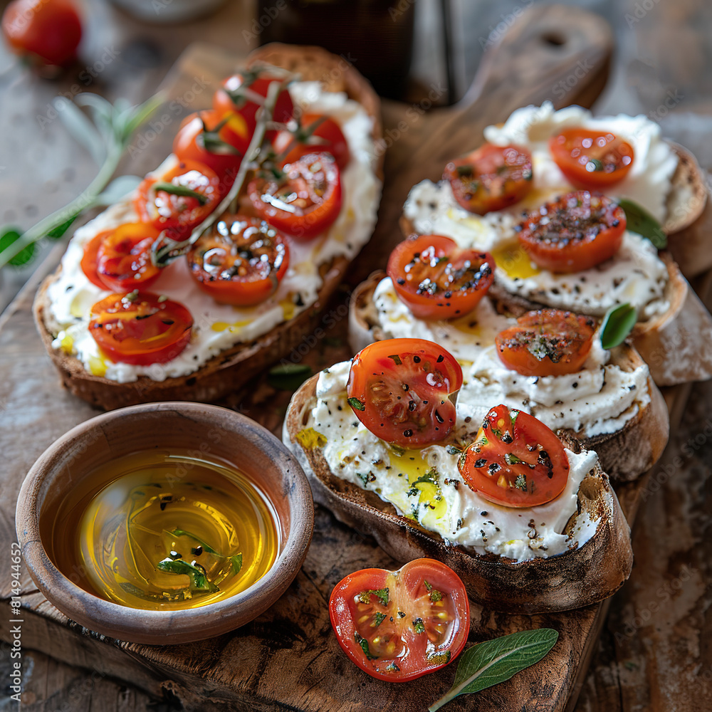 A rustic wooden board with slices of bread toast with tomato and cream cheese
