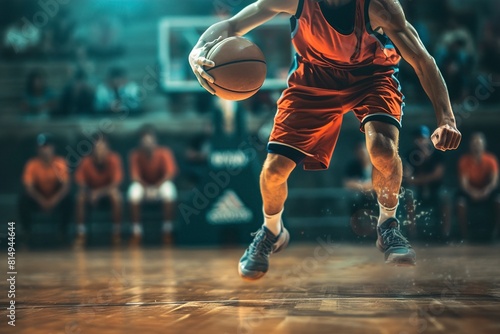 Male basketball player dribbling the ball on basket photo