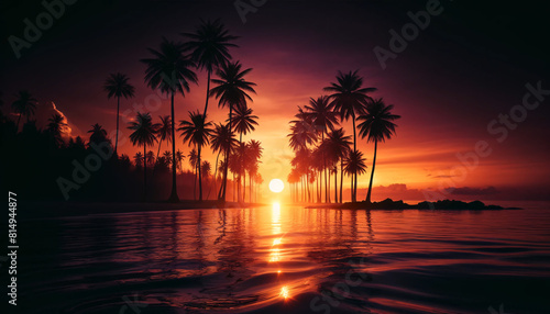 A stunning tropical sunset scene with silhouetted palm trees lining the shore. The sky is a dramatic blend of deep oranges and purples