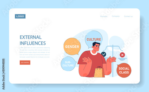 Consumer behavior web or landing. Purchase journey. Man evaluates