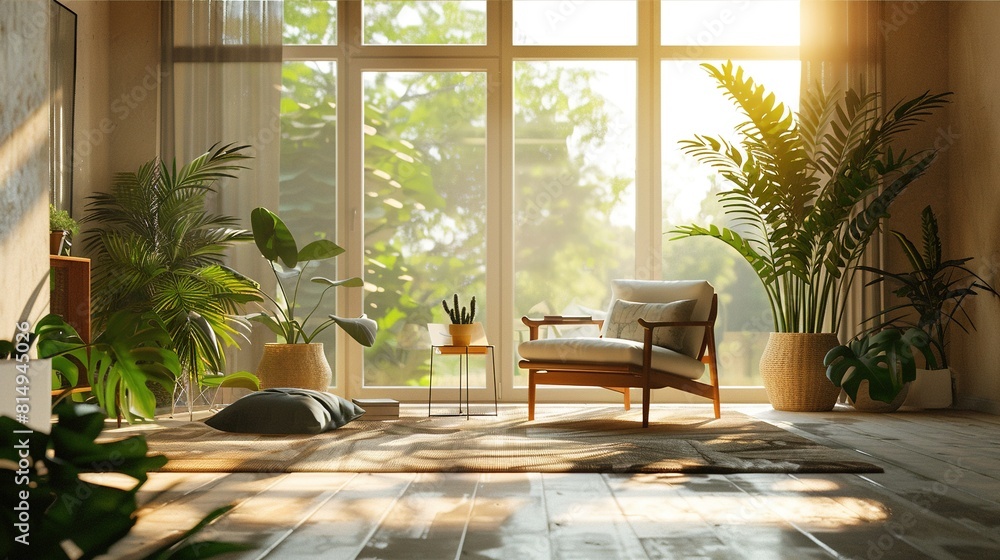 Fototapeta premium Plant lover's home decoration. Modern bright style interior living room with minimalist sofa and tropical plants. Natural light. Modern living room. Living room with full of plants. Environment Day