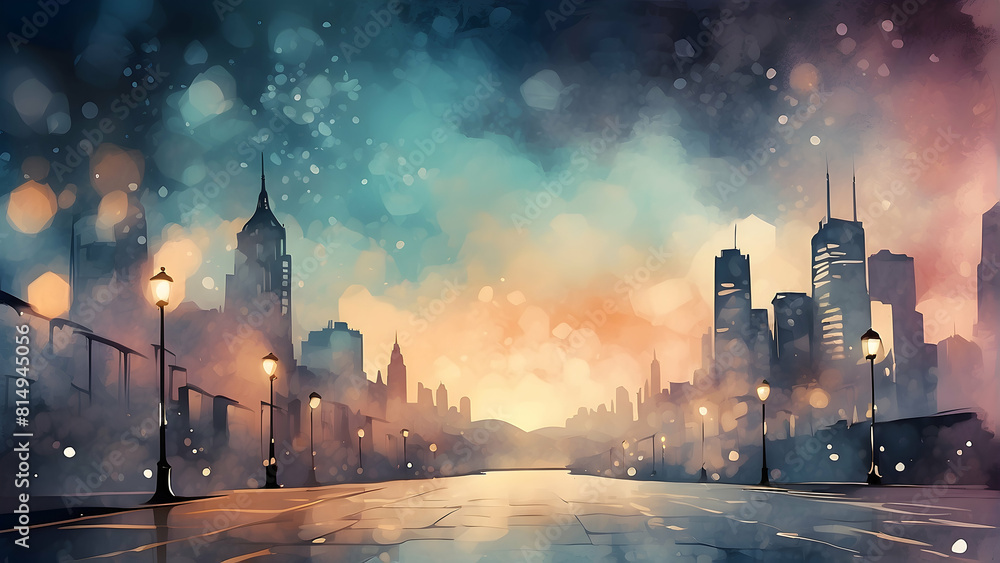 Fototapeta premium An abstract, colorful cityscape painting with a bokeh effect and dreamy lights at dusk or dawn