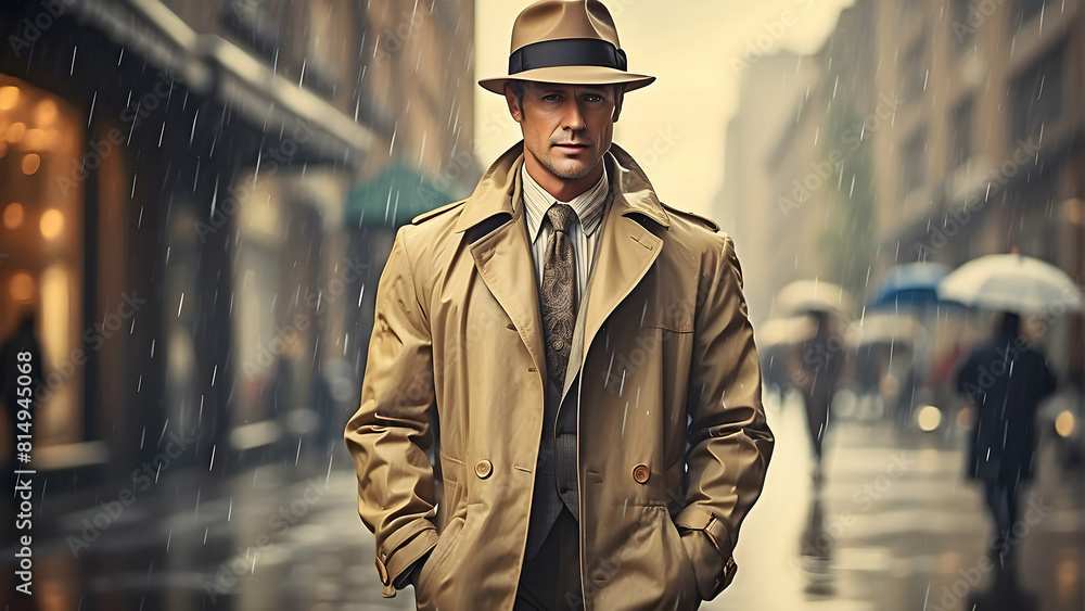 Elegant man in a trench coat walking through a rainy city, depicting a vintage yet timeless aesthetic Elegant man in a trench coat walking through a rainy city, depicting a vintage yet timeless aesthetic
