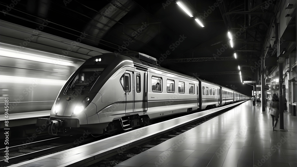 A black and white photo capturing the motion of a modern train arriving at a platform during the night