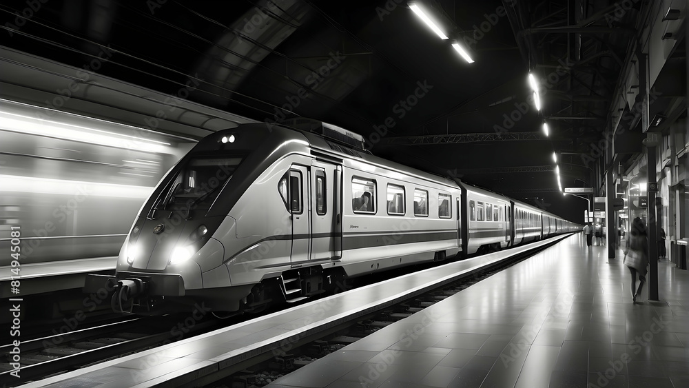 A black and white photo capturing the motion of a modern train arriving at a platform during the night A black and white photo capturing the motion of a modern train arriving at a platform during the night