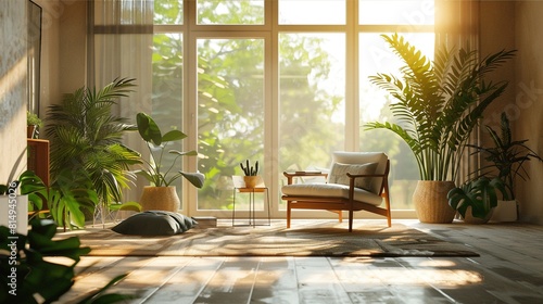 Plant lover s home decoration. Modern bright style interior living room with minimalist sofa and tropical plants. Natural light. Modern living room. Living room with full of plants. Environment Day