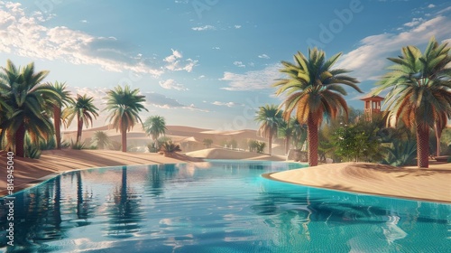 Surreal oasis amidst towering sand dunes backdrop