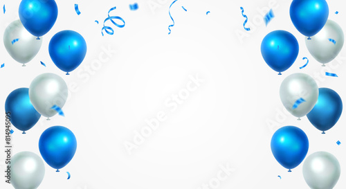 Birthday and Celebration banner with blue and white balloons. Holiday background