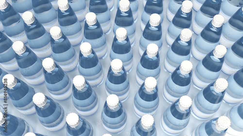 Obraz premium Top view of plastic transparent bottles filled with colorless liquid. 3d illustration
