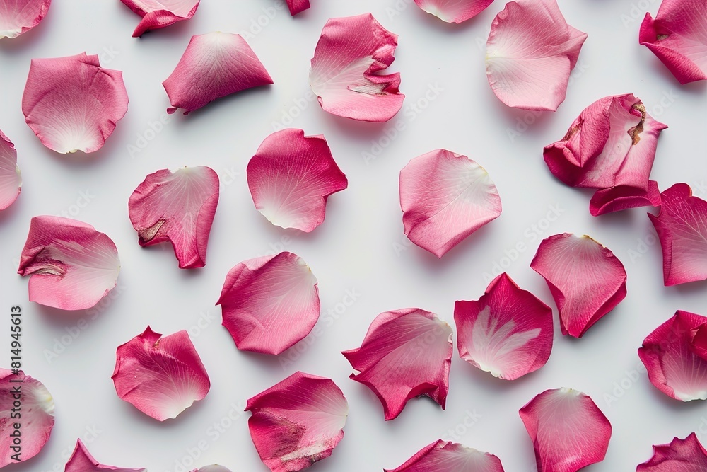 Many pink rose petals on white background Many pink rose petals on white background