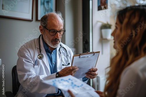 Mature doctor discussing over document with patient photo