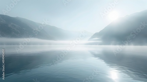 A tranquil scene of a misty lake at dawn, with sunlight breaking through the mountains, reflecting serenity and calm waters.