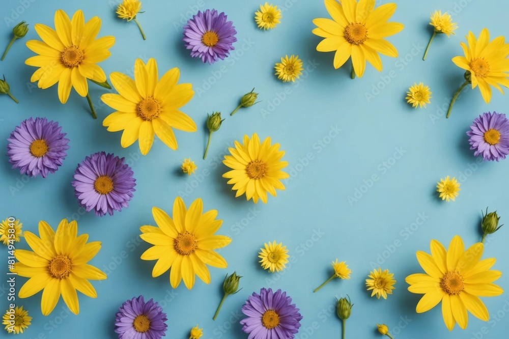 Obraz premium Flowers composition. Yellow and purple flowers on pastel blue background. Spring, easter concept. Flat lay, top view, copy space