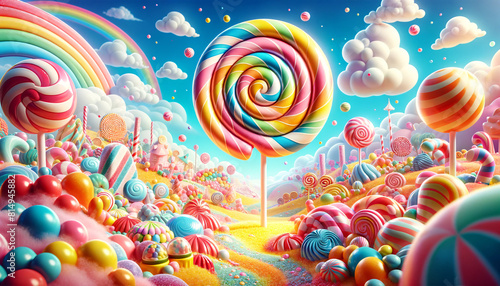 A whimsical and colorful candy land scene featuring a large spiral lollipop in the center. The landscape is filled with various candies © Tanicsean