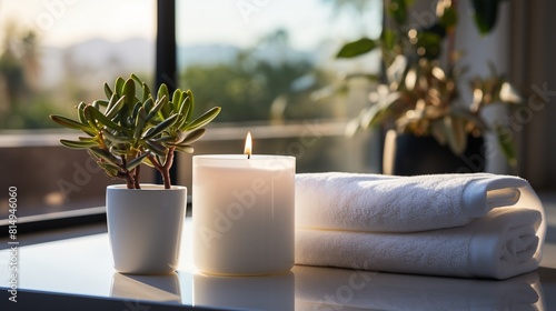 Blank white table top for copy space decorated with glass candle holders with flames. cotton towel and a potted plant with a blurry bathroom background.