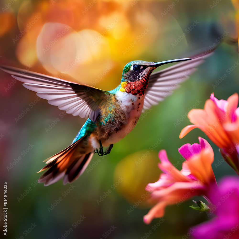 Fototapeta premium a hummingbird in flight near a vibrant flower with a blurred background,generate ai