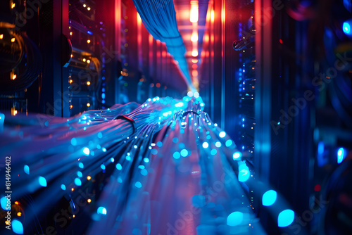 In a bustling data center, fiber optic cables and high-tech equipment glow in a vibrant, pulsating blue light. 