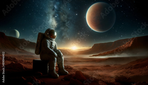 An astronaut sitting on a rocky Mars-like terrain. The astronaut, in a detailed vintage-style space