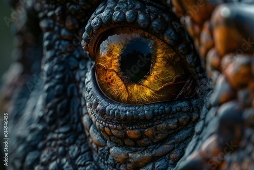 Digital image of close up image of the yellow eye in a dinosaur, high quality, high resolution