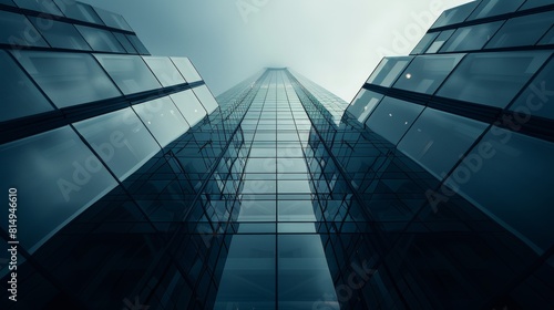 Dramatic upward view of a tall modern building with glass windows, emphasizing its sleek architecture and symmetrical lines reaching into the foggy sky. Generative AI. photo