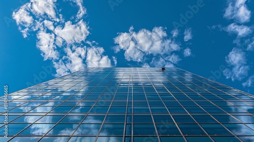 Low angle view of a contemporary glass skyscraper reflecting the blue sky 