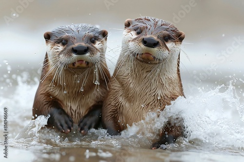 Two wet Asian small-clawed otters swimming in the water photo