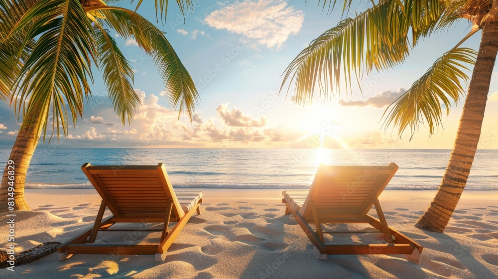 Serene Tropical Beach Sunrise with Relaxing Lounge Chairs
