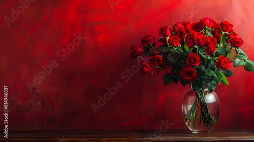 Wallpaper Mural Elegant Bouquet of Red Roses on Wooden Table Against Rich Red Wall Background in Artful Still Life Torontodigital.ca