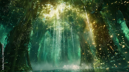 Fantastical forest with towering trees and cascading waterfalls backdrop