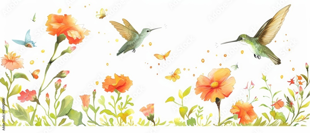 A kawaii watercolor of hummingbirds and butterflies partaking in a playful race around a vibrant marigold A kawaii watercolor of hummingbirds and butterflies partaking in a playful race around a vibrant marigold
