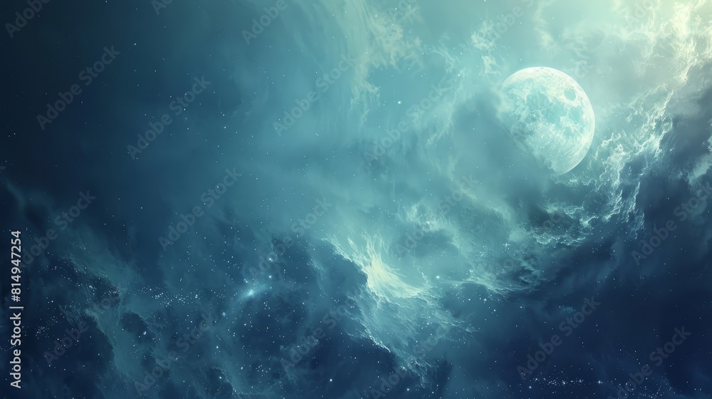 Fototapeta premium Moonlit celestial dreamscape with shimmering stars and nebulae backdrop