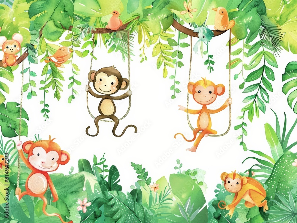 Fototapeta premium A kawaii watercolor of playful monkeys swinging through the canopy of a vibrant rainforest
