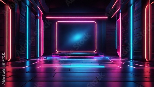 Neon light background space scene spotlight night background street floor studio colorful geometric stage for mock up 