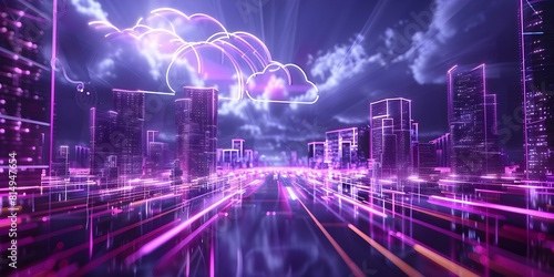 Illustration of advanced cloud computing technology and data storage solutions using futuristic neon diagrams. Concept Cloud Computing  Data Storage Solutions  Advanced Technology