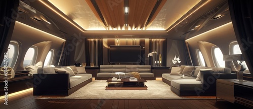 Private aircraft interior design using a minimalist approach with focus on space optimization and elegant simplicity,