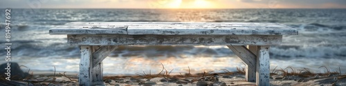 Weathered Coastal Table Bathed in Serene Sunset Glow at Tranquil Oceanside Retreat