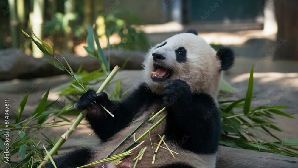 Obraz premium Cute panda is eating bamboo