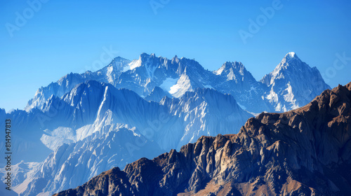 Rocky mountain texture with distant peaks under a clear blue sky, ideal for adventurous and rugged themes,