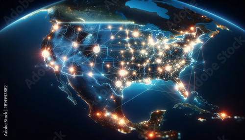 The map of the United States, highlighted from above with digital connections and light effects