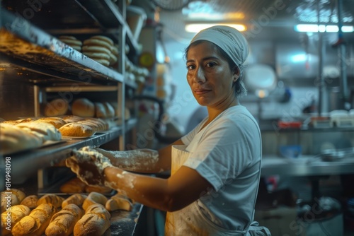 An Ecuadorian bakery woman, around 50 years old and dressed in a white apron, is diligently working in her bakery 

