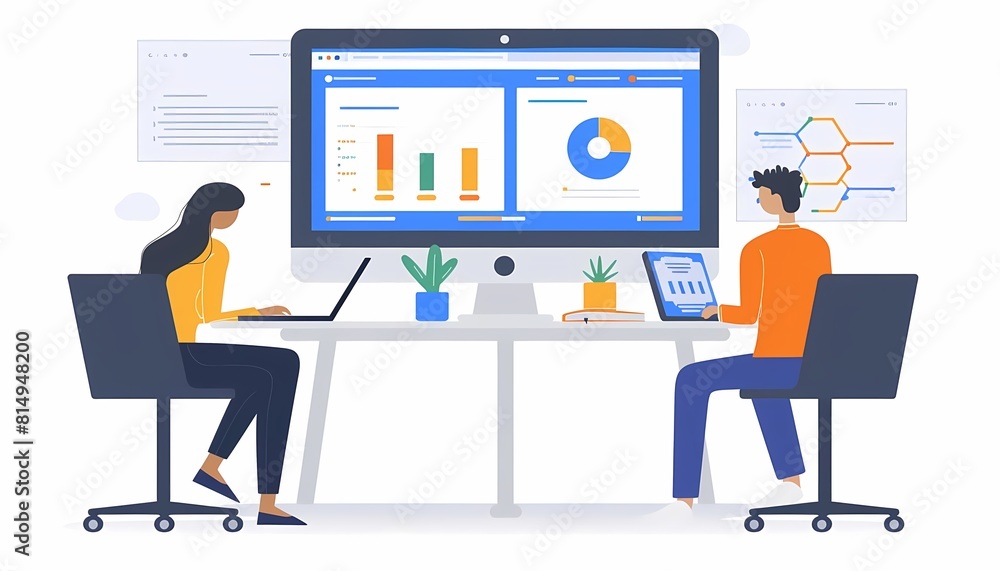 A man and a woman are sitting at a desk, looking at a computer screen. The woman is holding a laptop. The man is holding a tablet. A man and a woman are sitting at a desk, looking at a computer screen. The woman is holding a laptop. The man is holding a tablet.