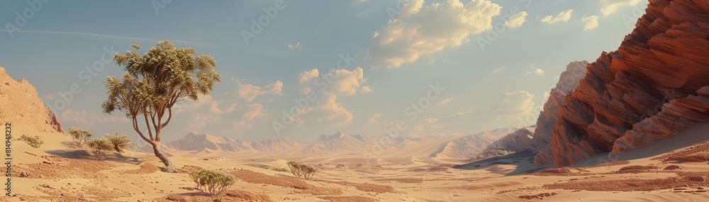 In a desert oasis, a sunbleached frame mockup stands against a landscape of sand dunes and mirages, capturing the harsh beauty and isolation of the environment