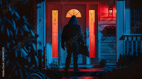 a burglar stands outside the front door of the house